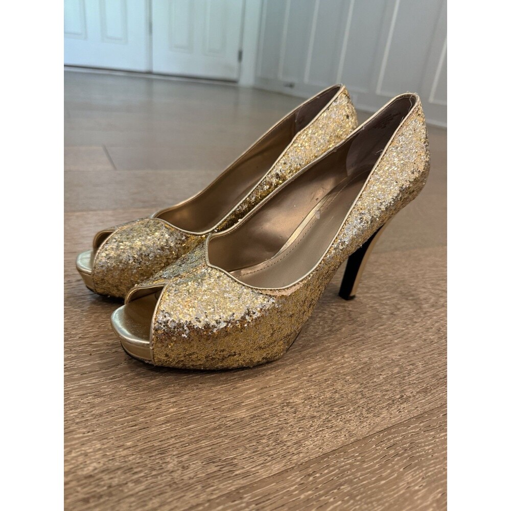 Womens Nine West Peep Toe Platform Pump Gold Glitter Heels Sparkly Shiny Sz 9.5